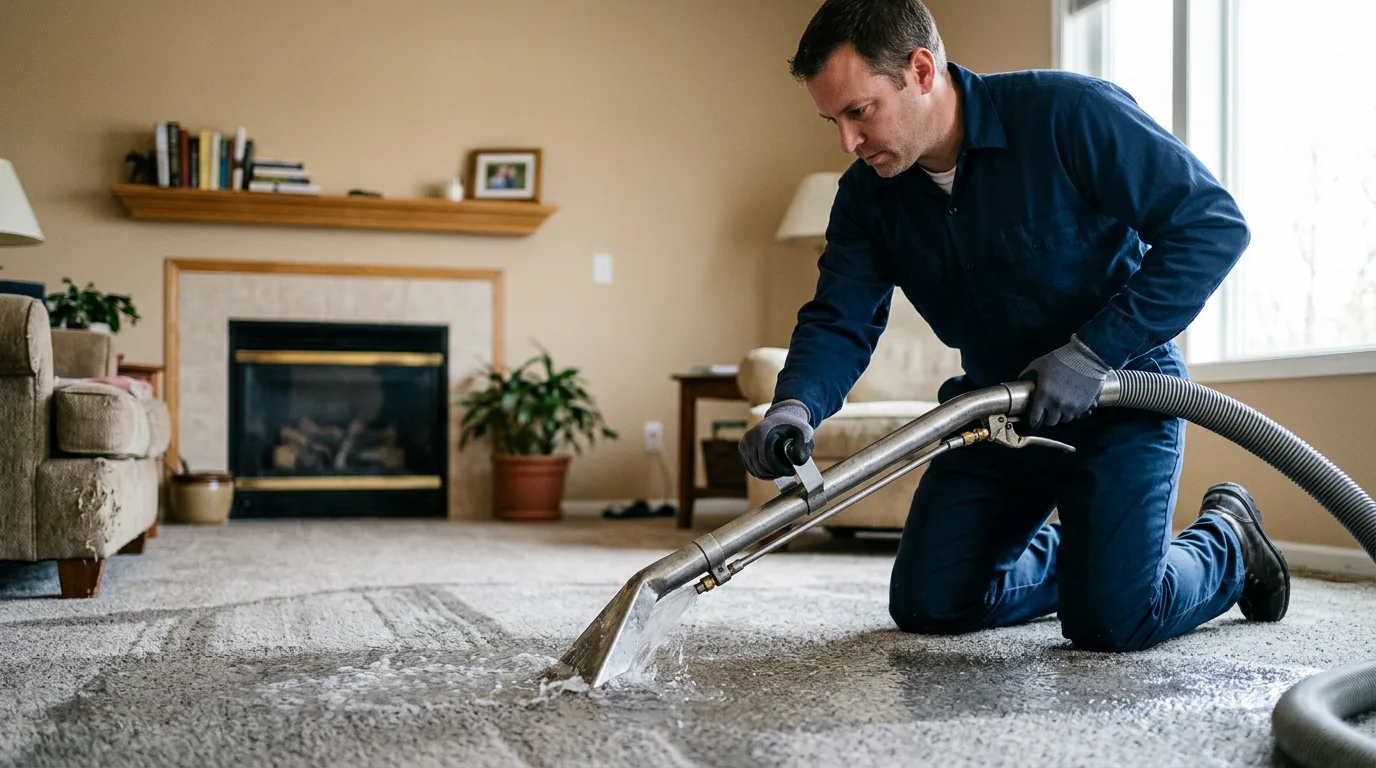 Water damage restoration technician working in a home in Maine